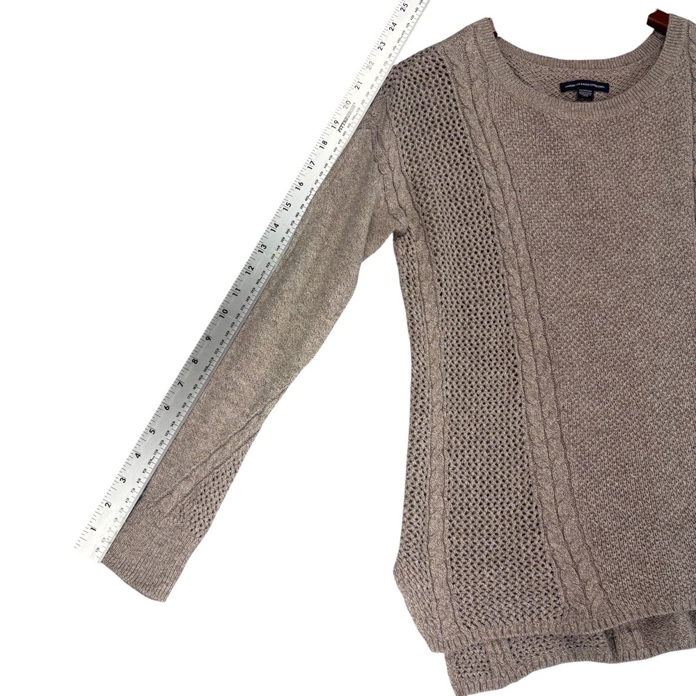 American Eagle Sweater Womens XS Cable Open Knit Cotton Wool Blend Taupe Boho - Picture 7 of 8